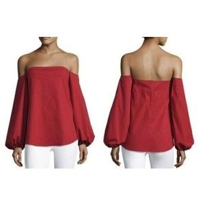 THEORY Crimson Red Laureema Cotton Polin Off Shoulder Blouson Bustier Top